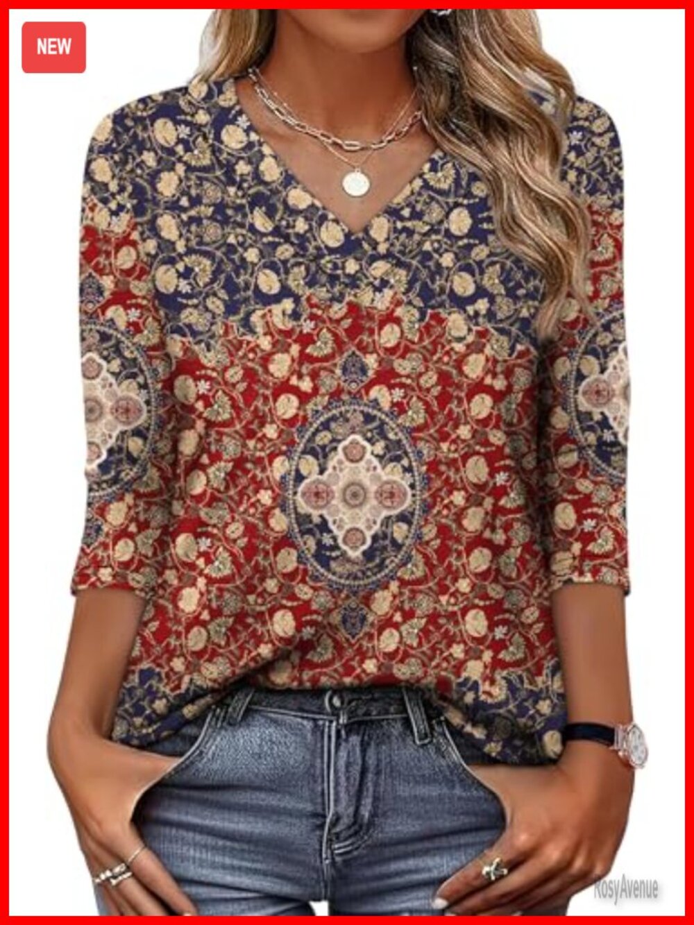 Women's 3/4 Sleeve V-Neck Blouse - Loose Fit Polyester Blend Casual Top
